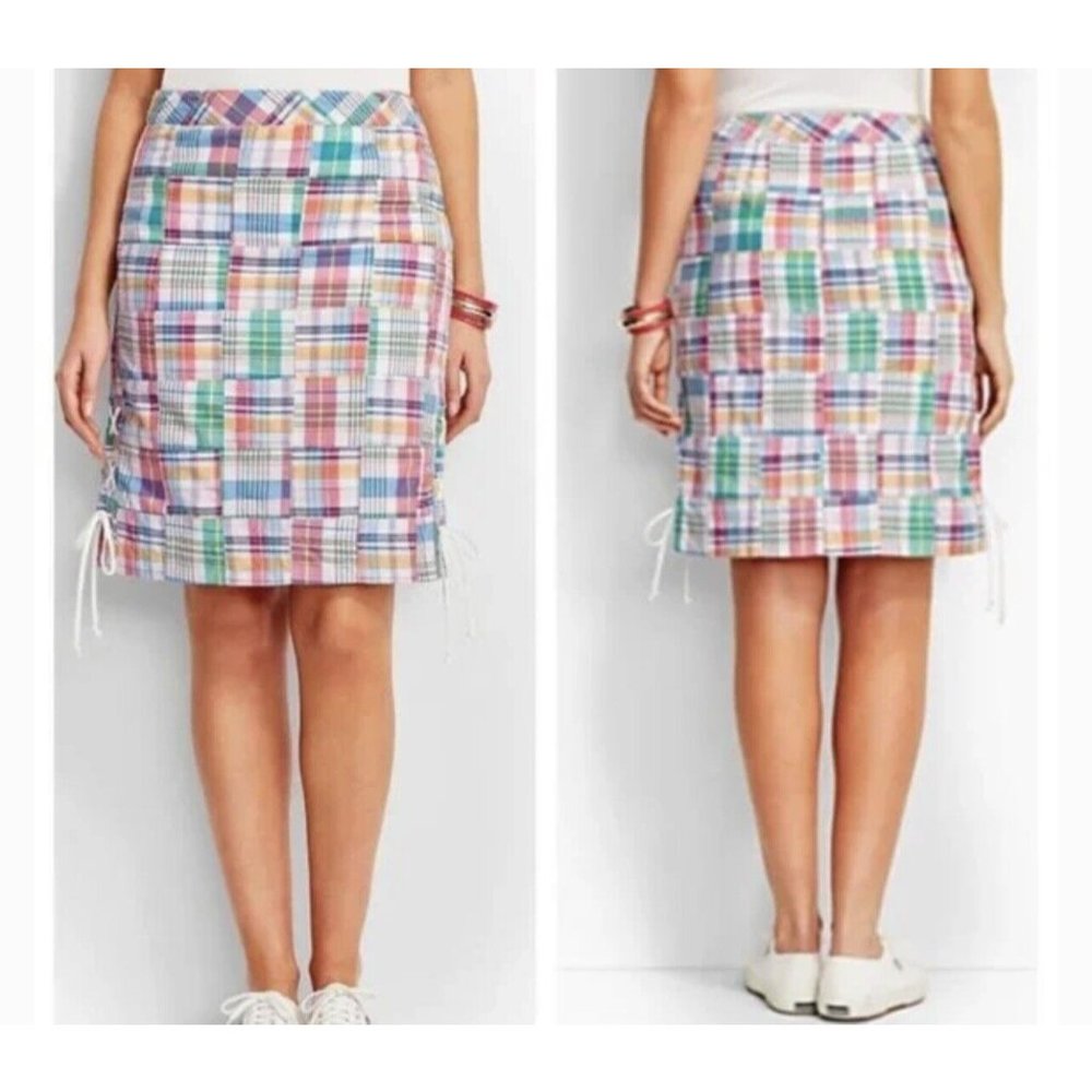 Talbots womens Madras Plaid Patchwork Skirt Size 16  Pastel Colors Laceup Sides